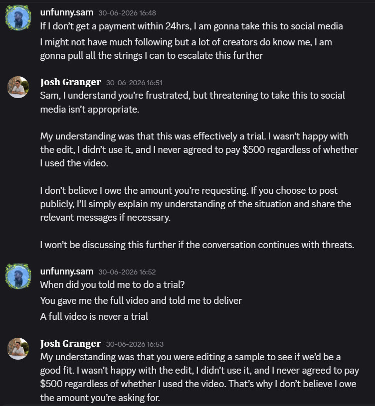 sam__vfx's tweet photo. When I finally got a response(after threatening to take it to social media), I was told it was supposedly just a "trial" and that there was never an agreement to pay because the edit wasn't used. https://t.co/ytYkDVxjBX
