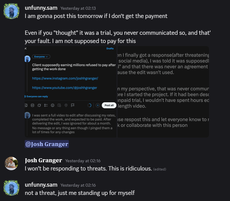 sam__vfx's tweet photo. From my perspective, that was never communicated before I started the project. If it had been described as an unpaid trial, I wouldn't have spent hours editing a full-length video.

Please repost this and let everyone know to never work or collaborate with this person https://t.co/TdlnDrzib7