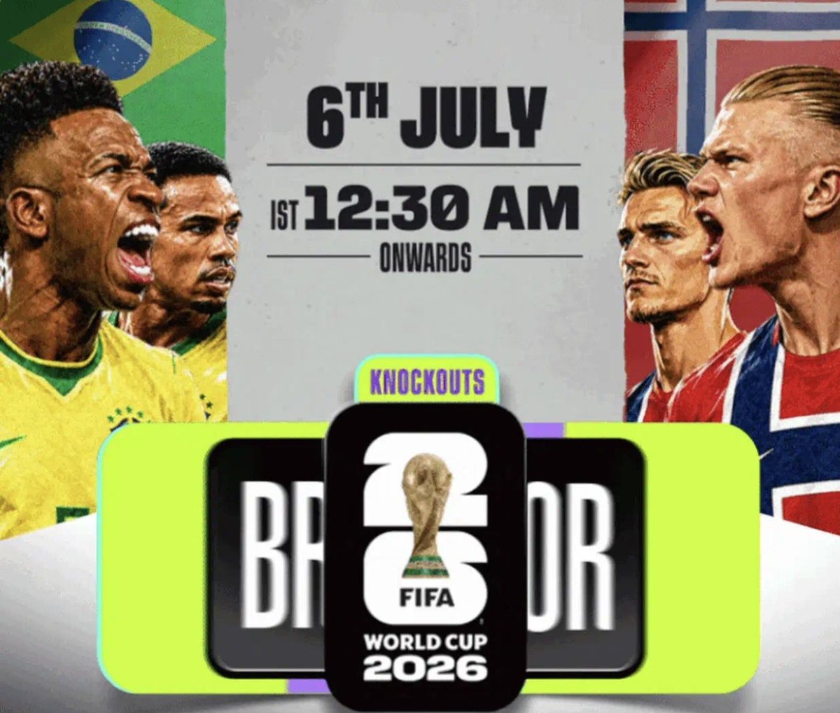 nazeerworld's tweet photo. FIFA World Cup 2026 Round of 16 knockout fixture.
Teams: Brazil (BRA) vs. Norway (NOR)

Brazil (Left): Prominently features a roaring Vinícius Júnior alongside defender Éder Militão in their classic yellow and green kits under the Brazilian flag.
Norway (Right): Prominently features a shouting Erling Haaland alongside captain Martin Ødegaard in their red, white, and blue jerseys under the Norwegian flag.