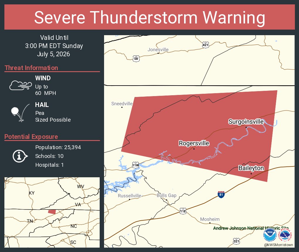 NWSMorristown's tweet photo. Severe Thunderstorm Warning including Rogersville TN, Surgoinsville TN and  Baileyton TN until 3:00 PM EDT https://t.co/5sEUJxutUB
