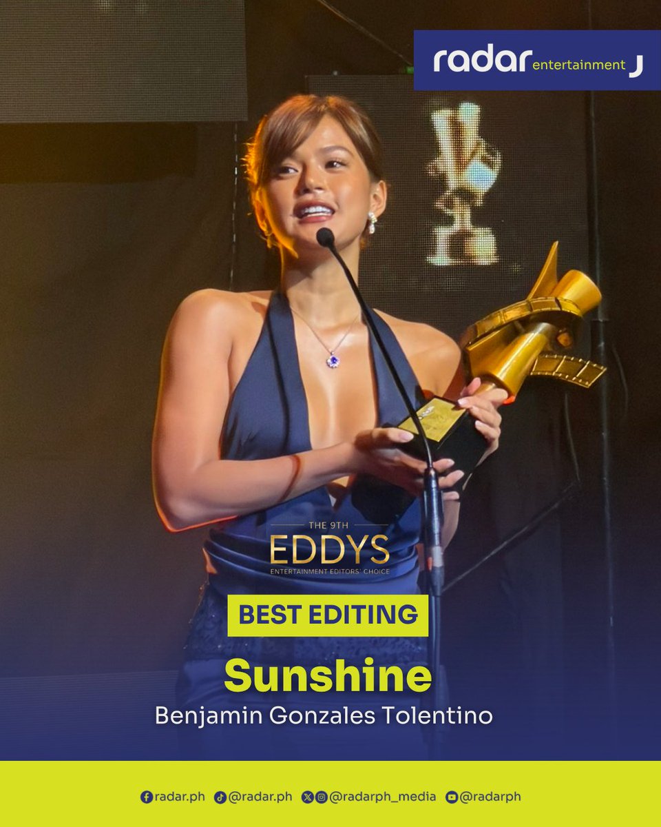 radarph_media's tweet photo. Happening now. #The9thEddys
Best Editing: Benjamin Tolentino for "Sunshine."
Lead actress Maris Racal accepted the award on his behalf.
#radarPH #radarPHEntertainment https://t.co/AJpuWGrajT