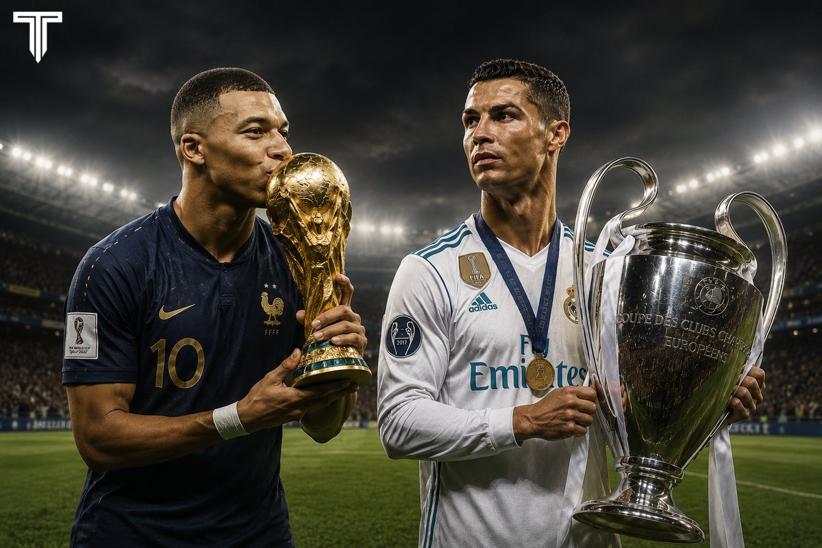 TouchlineX's tweet photo. 🚨 𝗡𝗘𝗪: The two kings of football’s biggest stages.

🇫🇷 Kylian Mbappé in the World Cup:

• 19 goals in 19 games.
• 1 World Cup title.

🇵🇹 Cristiano Ronaldo in the Champions League:

• 140 goals, the most in history.
• 5 Champions League titles. https://t.co/x4qj8WMmug