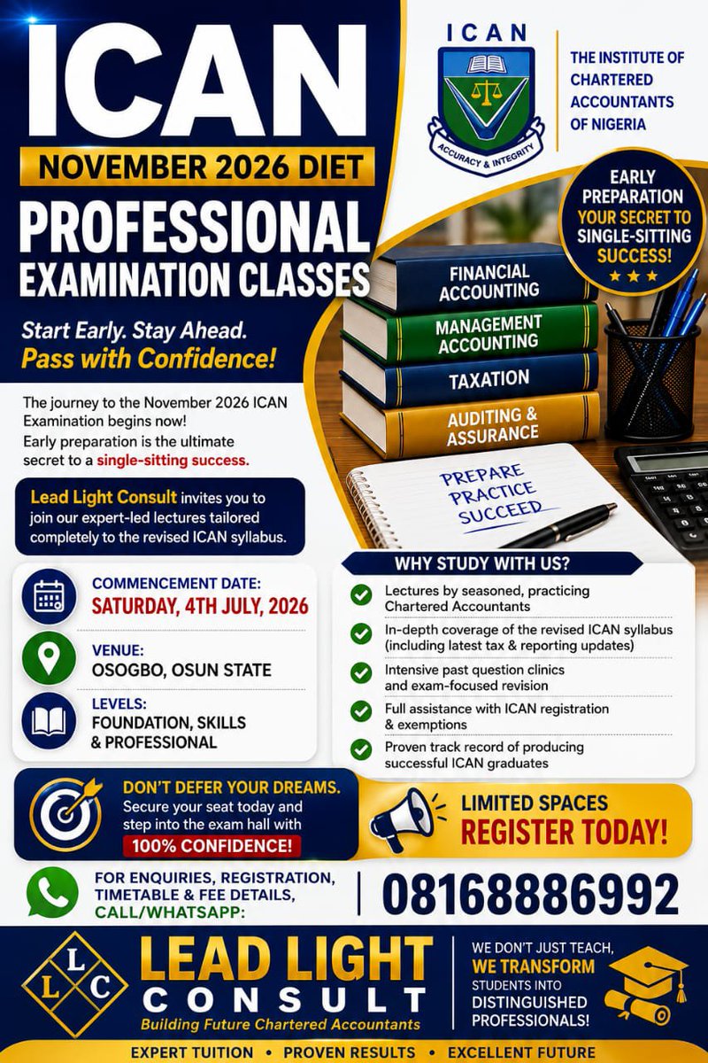 abdoulherzyz's tweet photo. You are in Osun State and you need Physical classes to prepare for your ICAN exams, Lead Light Consult is your reliable place.
#OsunState
#Osun
#Osogbo
#Ican
#ICANinosogbo https://t.co/P6CGf6nGEx
