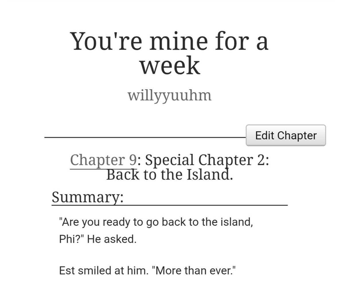 willyuuhm's tweet photo. Well...

One last chapter. 

I actually cried while writing this but like 🥹 Thank you to everyone who read this and liked it. I appreciate every comment and kudos under this fic.

I think this fic would be my most memorable one. It's my first we au 🥹

I never even thought that there would be some people who would like this, and I was so surprised one time when I saw a tweet recommending this au 🥹🫶🏻 

Anyway, thank you for spending the week on the island with them!