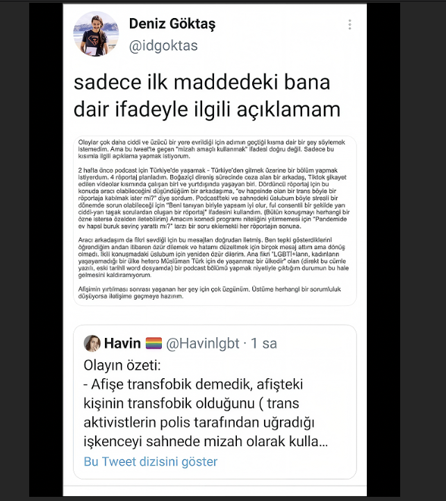 Abese_irca's tweet photo. Olaya bakar mısınız? Müslümanların kutsallarına ve Türkiye Cumhuriyeti Cumhurbaşkanı'na hakaret eden, savaştan kaçarken boğulan Suriyeli sivillerle, çatışmalarda ölen Yemenli çocuklarla dalga geçen sol muhalefetin sahte kahramanı Deniz Göktaş, translar hakkındaki sözlerinden dolayı boykotla tehdit edilerek LGBT tarafından özür dilettirilmiş. Kullandığı zehirli dil ve saldırgan üslubu sebebiyle muhalefet medyasınca yeni kanaat önderi ilan edilen küfürbaz komedyen,  LGBT'den kaba üslubu için özür dilemiş.
