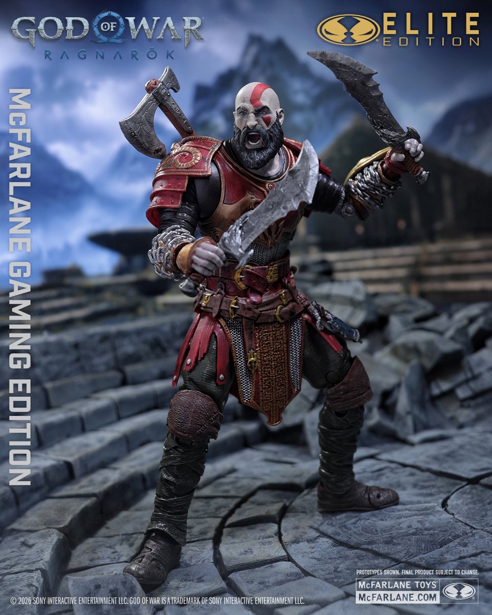mcfarlanetoys's tweet photo. Kratos with Ares Armor 7" deluxe action figure based on the God of War: Ragnarok video game launches for pre-order on JULY 7th at select retailers!  

This McFarlane Elite Edition action figure includes multiple weapon options (blades of chaos leviatan axe, shield, folded head, byfrost, mimir head), 4 alternate hands, extra head, display base and art card and a McFarlane Elite points card.  

#McFarlaneToys #SonyInteractiveEntertainment #PlayStation #Kratos #GodOfWar #GodofWarRagnarok