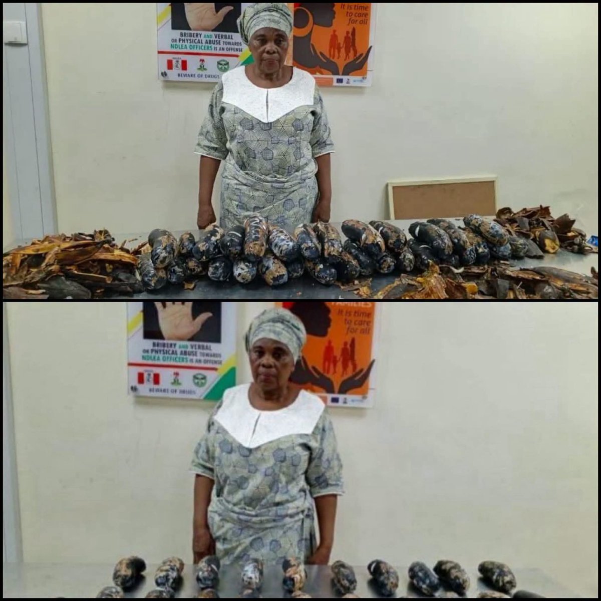 Patriot_S_A's tweet photo. A 67-year-old Nigerian grandmother has been arrested after allegedly trying to smuggle 130kg of cocaine hidden inside plantain peels at Lagos airport 

The drugs were reportedly discovered by the National Drug Law Enforcement Agency during an inspection, bringing the alleged smuggling attempt to an abrupt end.