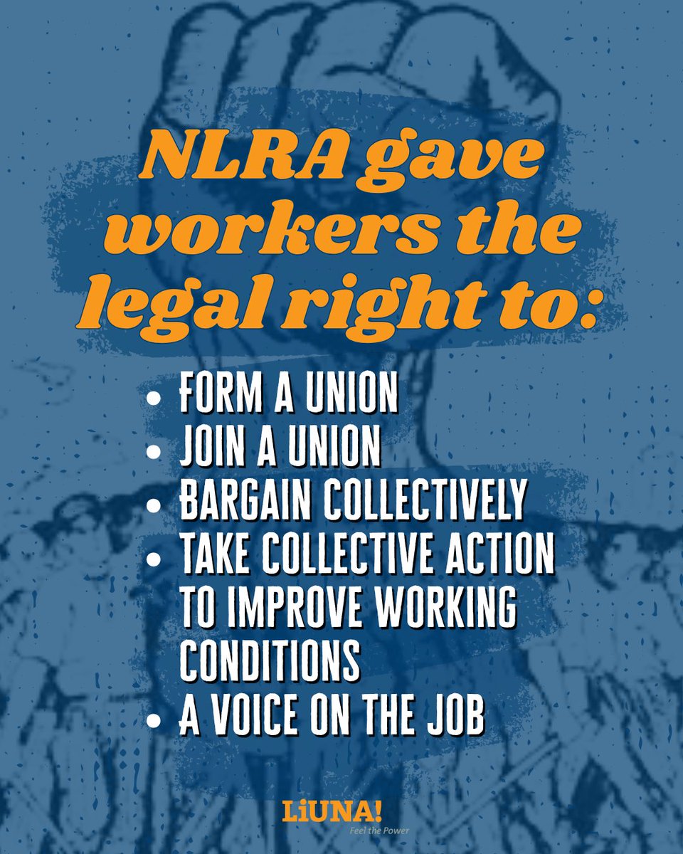 LIUNA's tweet photo. Every contract won. Every raise fought for. Every grievance filed. It all traces back to this day July 5, 1935, when the NLRA put the right to organize on paper. Swipe left to learn more. #WhenWeFightWeWin #UnionStrong #1U #SOLIDARITY #organizeordie https://t.co/4DJDNH7TRI