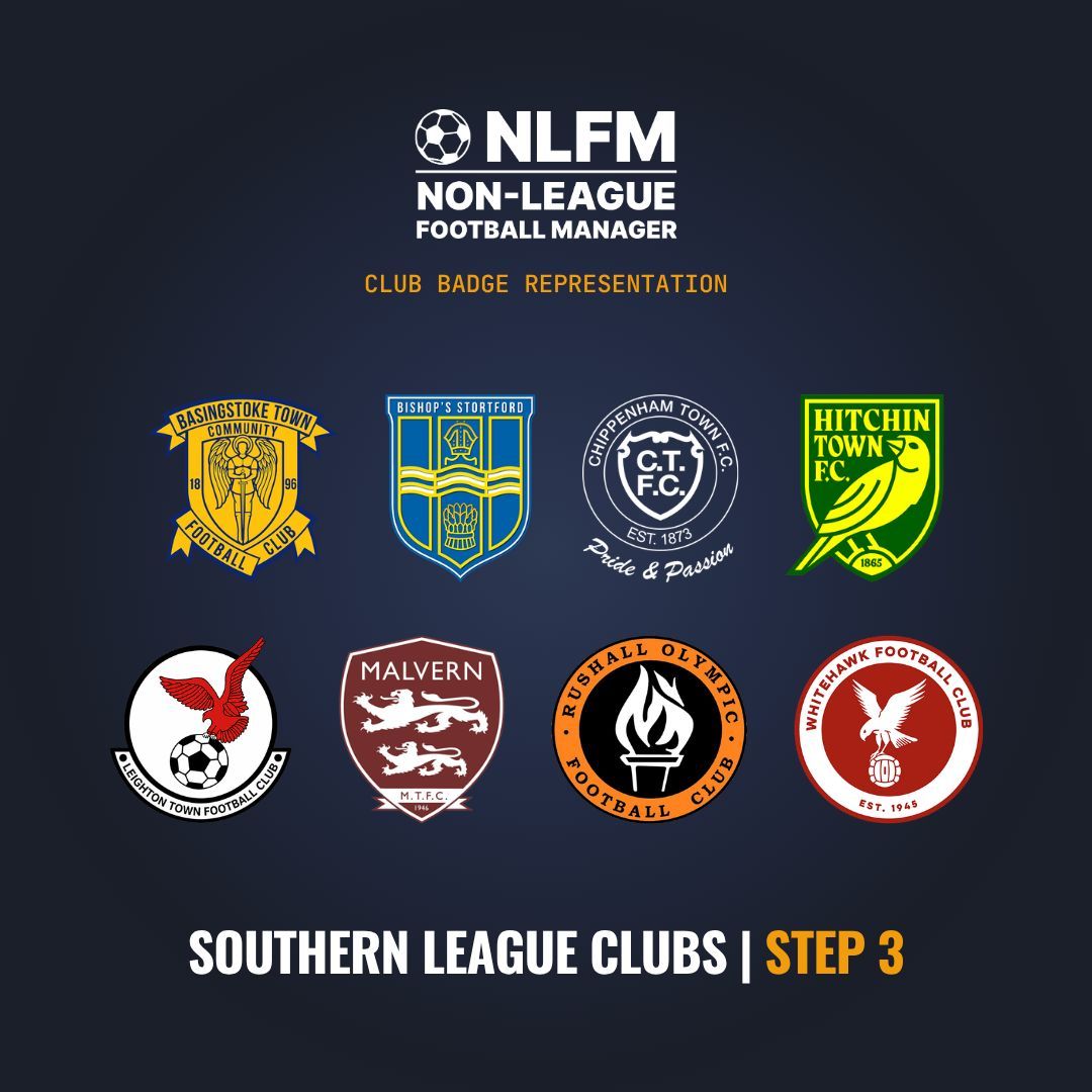 nlfm_game's tweet photo. We're pleased to announce that eight more clubs from the Southern League have now granted permission for their official badge to feature in #NonLeague Football Manager.

Confirmed Club Badges: @Basingstoke_FC @BSFCTheBlues @ChipTownFC @HitchinTownFC @LeightonTownFC @MalvernTown1946 @ROFCOfficial @HawksFCOfficial 

Step 3 is always packed with ambitious clubs chasing promotion. Which of these do you think has the best chance of reaching Step 2? 👇