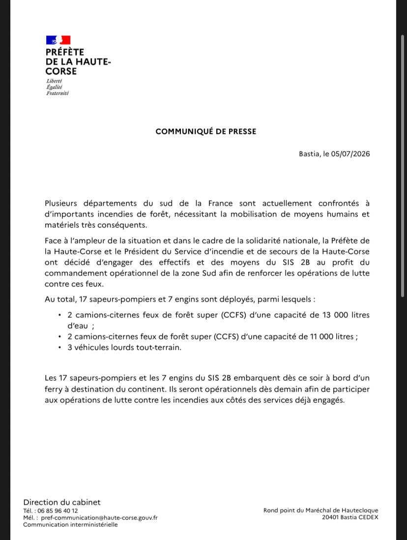 Prefet2B's tweet photo. #incendies #solidarité 

Ce soir, 17 sapeurs-pompiers du SIS 2B et des moyens matériels prendront la direction du sud de la France pour renforcer les dispositifs de lutte contre les incendies qui touchent actuellement plusieurs départements. https://t.co/xrb0gYE1a7