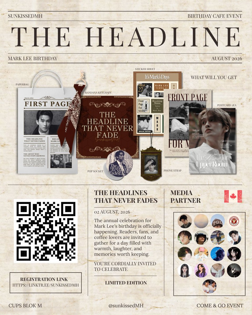 SunkissedMH's tweet photo. Today’s Headline: Mark Birthday 🍁
“The Headline That Never Fades”

🍁 Sunday, 2 August 2026
🍁 Cups Blok M, Jakarta
🍁 13.00-15.00 
🍁 82k (Include Goodies + Drink)

More details on pict!
🎫 Regist on 11 July 2026 at 20.02
https://t.co/2bJUtOitp4

#FrontPageForMark
#SunkissedMH https://t.co/LGkxjfIdBS