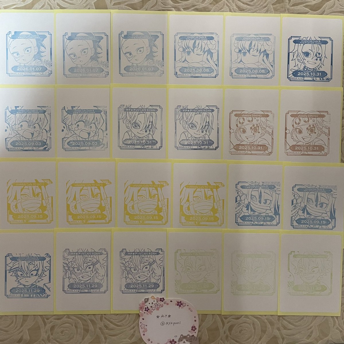 ay2puri's tweet photo. 鬼滅の刃 BD バースデー スタンプ 交換

出⇒画像1～
求⇒リプ欄 しのぶ カナヲ 義勇

＊シール同士、豆色紙同士での交換
＊纏めての方優先
＊初回ﾘﾄﾘﾝ必読 https://t.co/6qe1HhS6vl