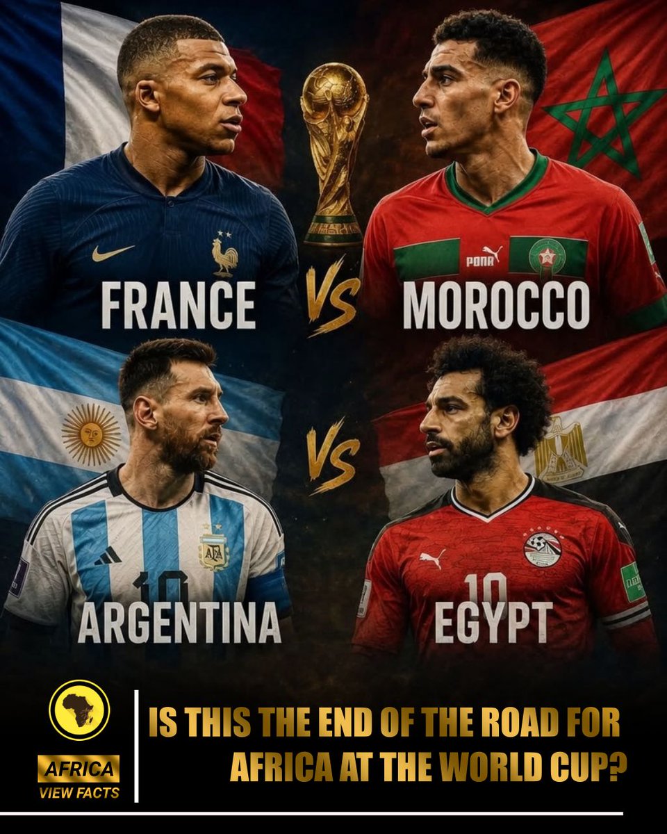 AfricaViewFacts's tweet photo. France 🇫🇷 (World No. 1) vs Morocco 🇲🇦 (World No. 6)
Argentina 🇦🇷 (World No. 2) vs Egypt 🇪🇬 (World No. 24) 

Morocco has reached this stage with impressive performances and now faces a France side known for its quality and experience.

Defending champions Argentina take on Egypt, whose disciplined displays and determined run have made them one of the tournament's surprise teams.

With two African nations still in the competition, the continent continues to make a strong impact as fans around the world watch closely.

Is this the end of the road for Africa in the World Cup, or can Morocco 🇲🇦 and Egypt 🇪🇬 keep the dream alive?