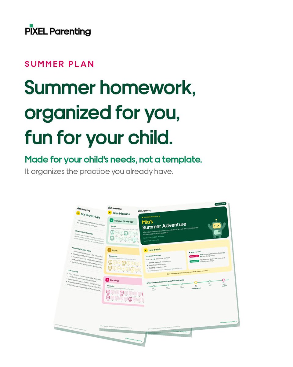pixel_parenting's tweet photo. I built a little thing to take the summer homework tug-of-war off your plate: a personalized plan for your child's break, ready to print in minutes.

You tell it what to practice and how much (reading, the summer workbook, writing, math, whatever fits your family) and it lays out the whole summer, day by day.

It runs on a star system, and the stars reward what's actually hard for your child, not the stuff they'd breeze through anyway. Effort, not easy wins.

My own kids are already collecting theirs. And here's the part I had the most fun making... if you want, you can turn the stars into a personalized collectible card deck, just for them.

Made for your child. Not a template.
👉 Try it: https://t.co/1KmzUnD1tP
(25% off this week with code SUMMER26) 

#summerlearning #parentingtips #positiveparenting #elementaryschool #homeschool #raisingreaders #summerroutine #momlife #dadlife #backtoschool #gamification