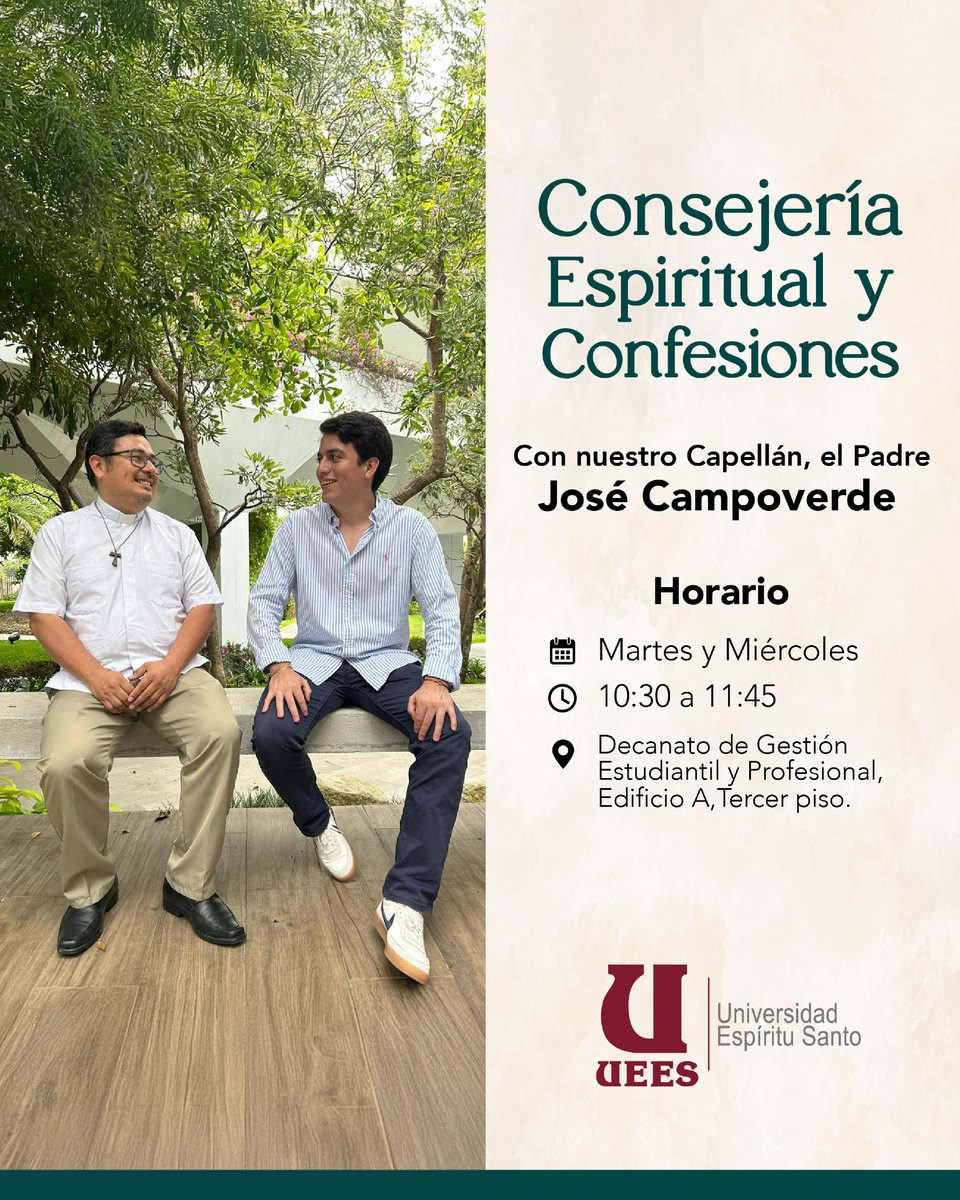 uees_ec's tweet photo. Una conversación para encontrar paz. 🕊️

Ven a conversar con nuestro capellán, el Padre José Campoverde, y recibe consejería espiritual o confesión.

📅 Martes y Miércoles
🕥 10:30 a 11:45
📍 Decanato de Gestión Estudiantil y Profesional, Edificio A, 3er piso. https://t.co/1iuYpRvMUC