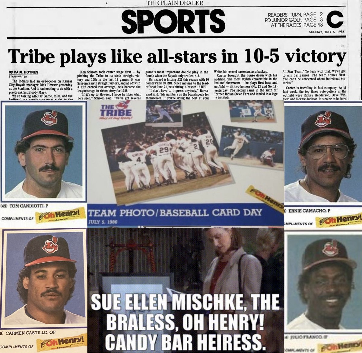 MrCleveland_216's tweet photo. July 5, 1986: Oh Henry! ⚾️

Oh Henry! team photo/card promo day

‘80s mustaches in full effect…!

Indians beat reigning Cy Young🏆 Bret Saberhagen &amp; world champ KC Royals at Stadium 10-5 for 6th straight win

1986 season was special

#OhHenry! 🍫#Seinfeld https://t.co/UKSF8sWjV3