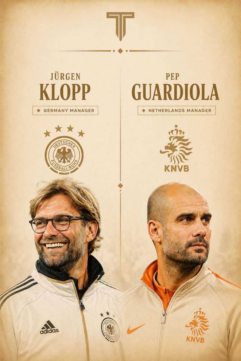 TouchlineX's tweet photo. 🚨 𝗗𝗜𝗗 𝗬𝗢𝗨 𝗞𝗡𝗢𝗪: Pep Guardiola is currently being linked with the Netherlands job.

Germany and the Netherlands meet on September 24 in their very first match after the World Cup.

Jürgen Klopp vs Pep Guardiola? 👀 https://t.co/Fy5ALpJDKZ