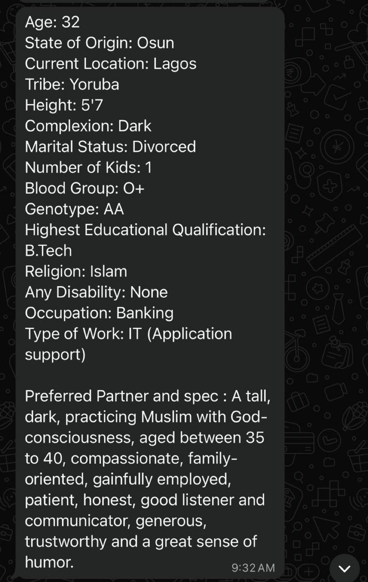 mr_muize's tweet photo. My client is a practicing Muslimah. She’s 32yrs, AA, gainfully employed and divorced.

She’s ready for commitment that’ll lead to Nikkah. Pls DM if you match her profile.

Pls RT 🙏🏾

 #Nikahconnect1 https://t.co/dOgFyW1jTc