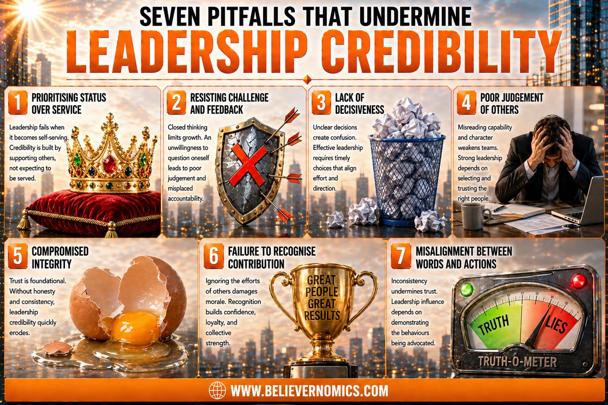 Believernomics's tweet photo. Seven pitfalls that undermine leadership credibility. #entrepreneur #infographic #infographics #leadership #sundayvibes #sundaythoughts #sundaymotivation https://t.co/UxXCrap6iq