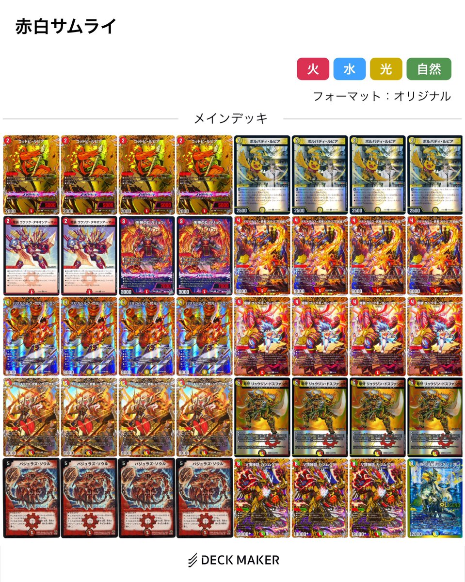 SWCrescentRose's tweet photo. カイザールピア来る前の叩き台として使った赤白サムライ
ウィリデは先3でドス、カツムゲン、バジュラソウルで何かしら起こして勝つ
ジェネシス対面はバジュラソウルでマナ潰してたら勝ったw
カイザールピア→ドスファングの流れで上からのSA要求を緩くしたいから結局ガリョウは欲しい気がする〜 https://t.co/QoNNon7Zuj