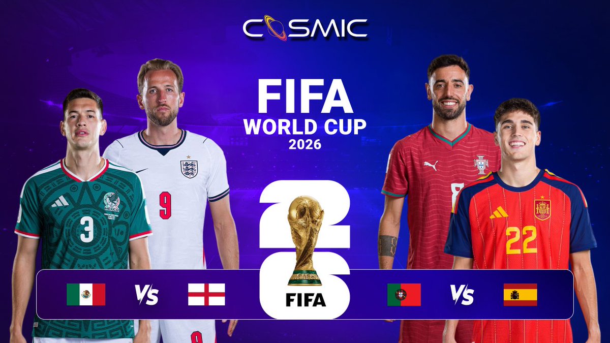 SlotCosmic's tweet photo. 🇲🇽 vs 🏴󠁧󠁢󠁥󠁮󠁧󠁿 AND 🇵🇹 vs 🇪🇸 - both on July 6th! The Cosmic Map is absolutely packed 🚀 Pick your match, pick your side, and let the FIFA World Cup 2026 do the rest 🎯

👉 https://t.co/Ndr8BXtlMr https://t.co/TGgBxQLYNB