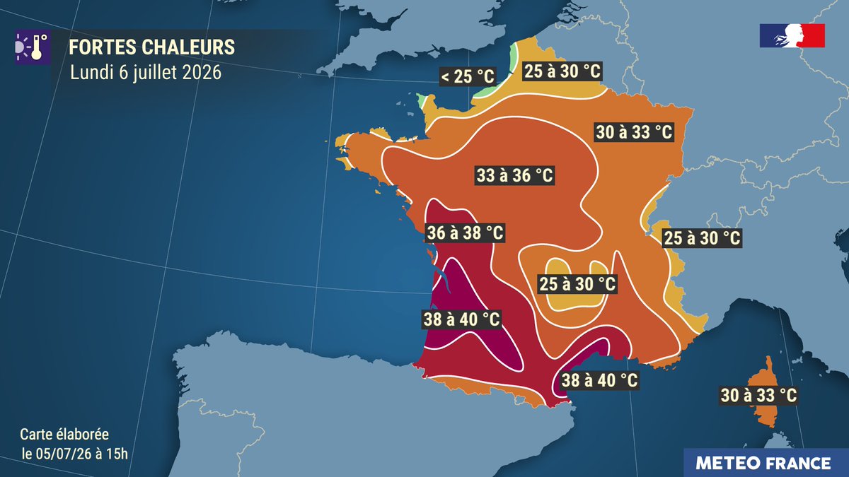 VigiMeteoFrance's tweet photo. ⬇️Aperçu des températures maximales prévues pour les journées de lundi 06 juillet 2026 et mardi 07 juillet 2026. https://t.co/sJkuWJzsmb