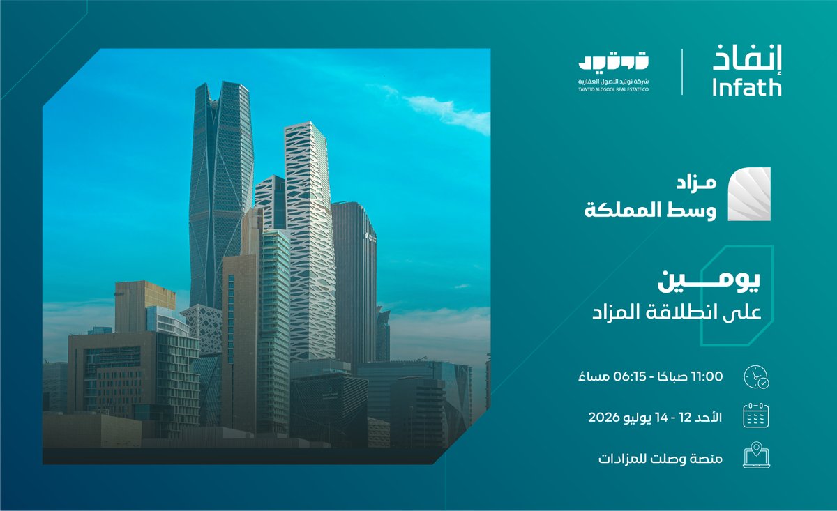 tawtid_alosool's tweet photo. ⏳متبقي يومان على بداية #مزاد_وسط_المملكة عبر منصة وصلت للمزادات.

🏡 15 عقارًا سكنيًا تتوزع بين عفيف، الدوادمي، ساجر، نفي، ورويضة العرض.

↖️رابط المشاركة:
 https://t.co/lD6Lpr3wKy

📲للتواصل:
0549416651 https://t.co/6fFRepou5h