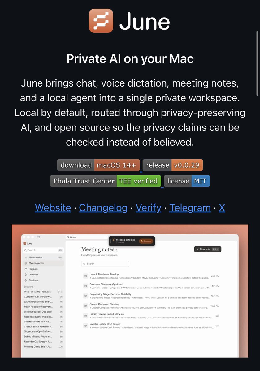 OpenSoftwareCo's tweet photo. > private AI on your mac
> a local agent + computer use
> voice to text dictation
> automate meeting notes
> all in one
> local + oss models
> open source, MIT

try it free: https://t.co/pDrMMBVpSd https://t.co/ObimKRP9TT