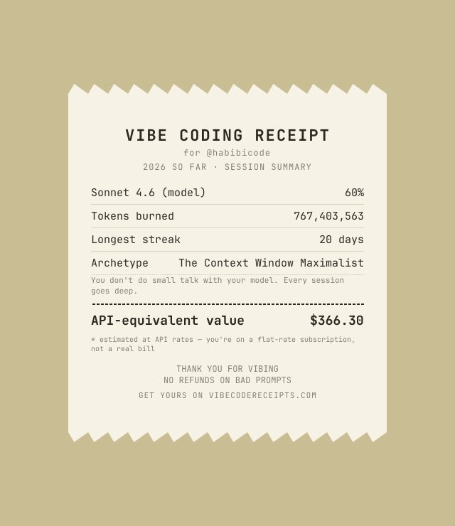 habibicode's tweet photo. I created a Spotify-Wrapped-style “receipt” of your Claude Code activity 

Simply run 

npm vibe-code-receipts 

In your CLI, answer a few questions, and it will give you a url to share/download your stats

No data leaves your machine, no login https://t.co/kPjZeTtOmP