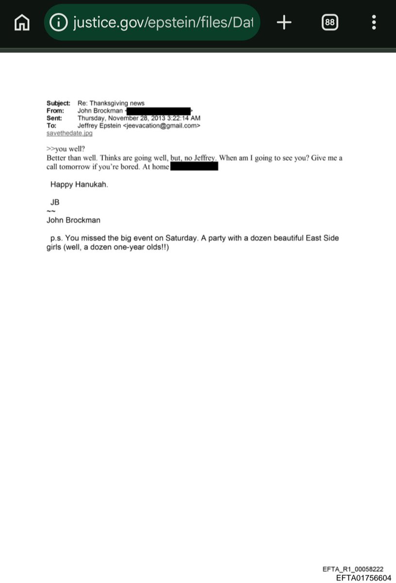 Davidrmx01's tweet photo. @brockmaninc "You missed the big event on Saturday. A party with a dozen beautiful East Side girls (well, a dozen one-year olds!!)"

- John Brockman to Jeffrey Epstein on the Epstein Files. https://t.co/7DMlnUQT8Z