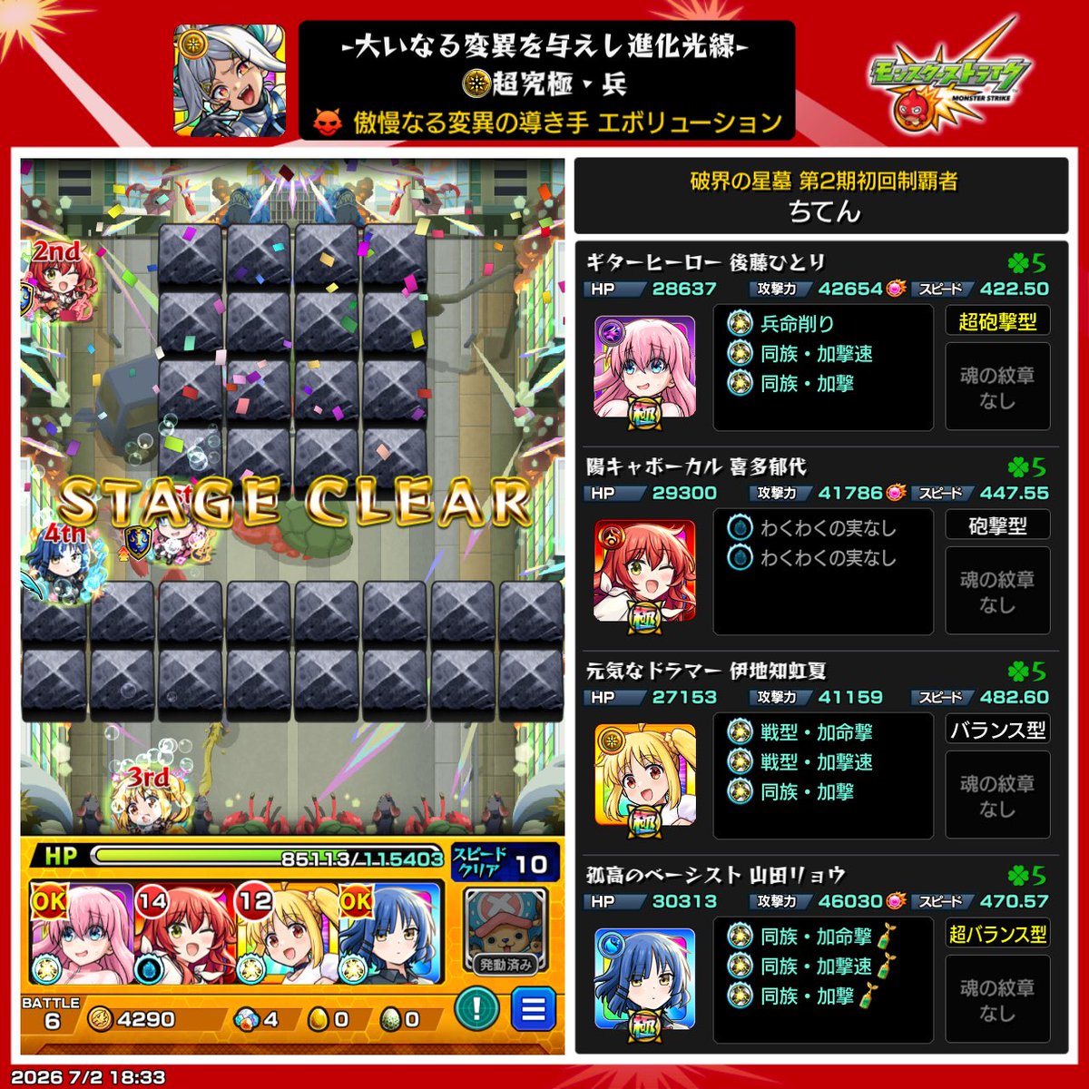 Chiten_mnst's tweet photo. 超究極・兵 エボリューション
光ミリム編成で初見クリア
+
コンセプト編成でもクリア
前回のジャガーノートと同じくクリア100キャラ目指します(￣^￣ゞ
 #モンスト好きと繋がりたい  #ミリム可愛い最強 https://t.co/Y0bSrEhlzc