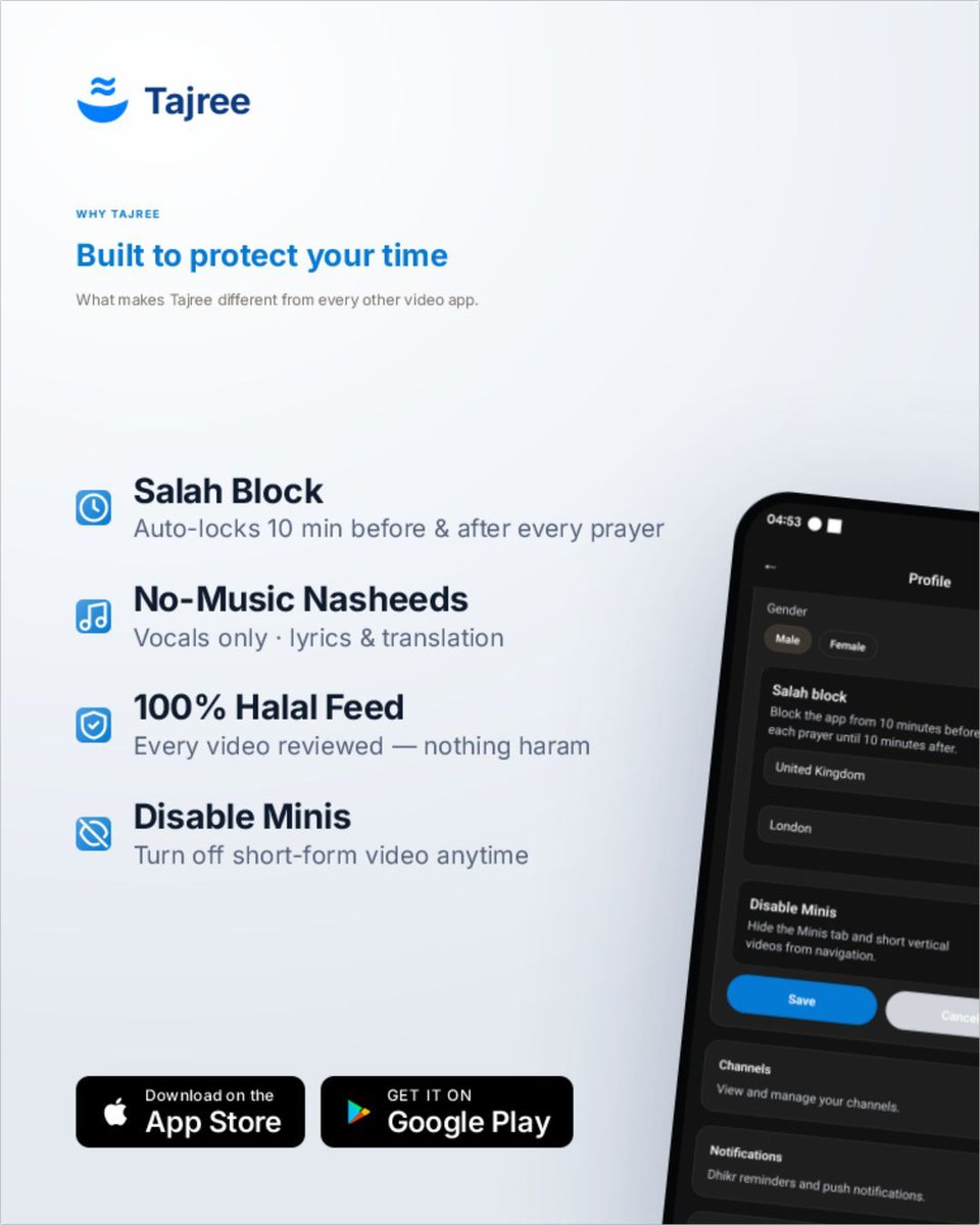 TajreeOfficial's tweet photo. Your time is an amanah. So we built an app that actually guards it.

🔒 Salah Block — auto-locks 10 mins before & after every prayer
🎵 No-Music Nasheeds — vocals only, with translation
✅ 100% Halal Feed — every video reviewed, nothing haram
🚫 Disable Minis — turn off short-form whenever you want

Most apps are built to keep you scrolling. Tajree is built to give your time back.

#Tajree #MuslimApp #SalahBlock #HalalContent #MuslimFamily #DigitalDeen