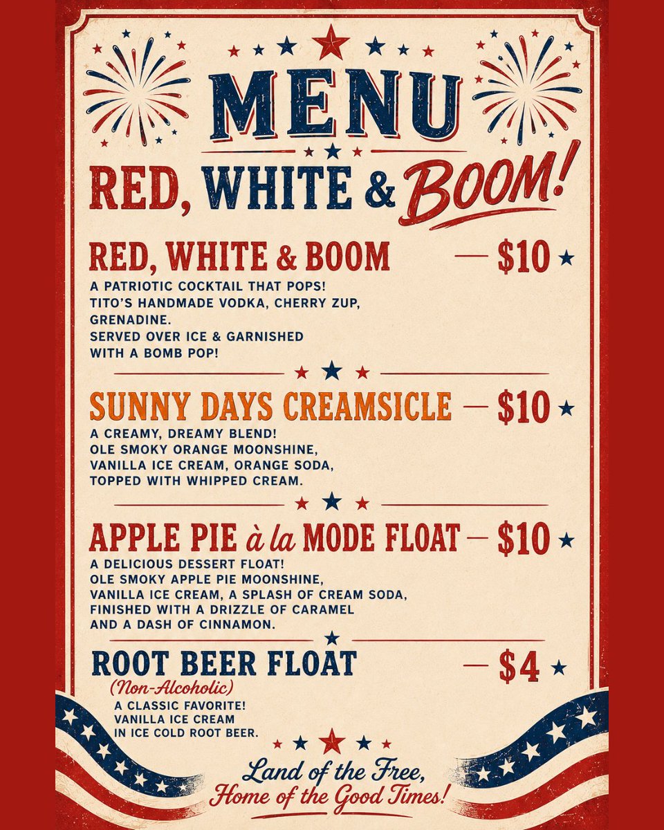 JolietSlammers's tweet photo. Cool off with a taste of summer! Our Fourth of July dessert drinks are here for tonight only. Grab yours before the fireworks begin πΊπΈπ¦
#DessertMenu #RedWhiteAndBoom #FourthOfJuly https://t.co/t9qBXKMkwI