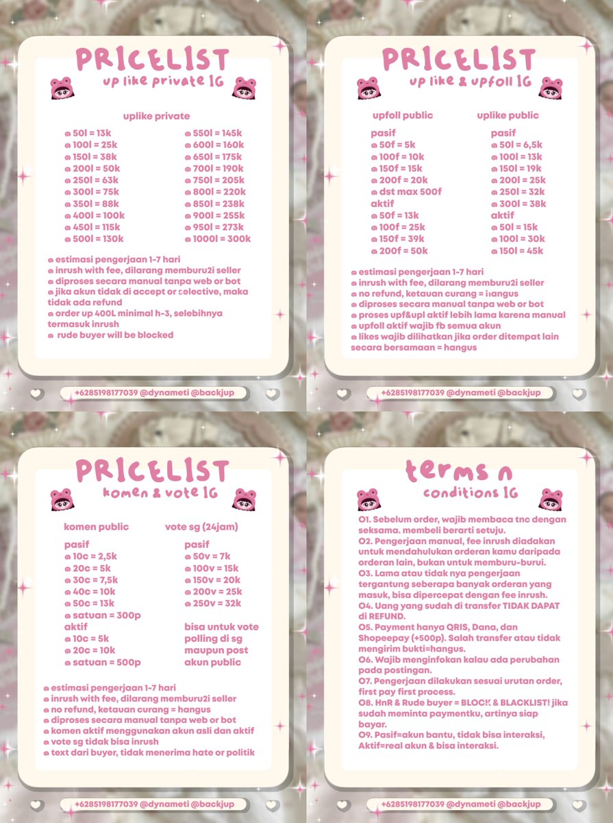 43O48's tweet photo. open jasa like, komen, vote, follow, repost ig instagram private dan publik, harga start 100p per akun. dikerjakan manual oleh manusia bukan web/bot.

• cocok buat lomba tugas kuliah poster paskibra sma
• testi 1k+
• ready 1-5k acc
• order chat @dynameti

#zonauang #zonaduit https://t.co/GwkjdeKtiQ