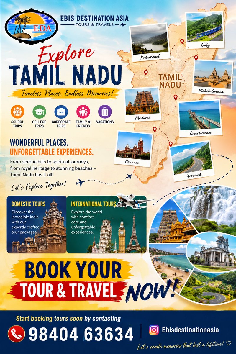 GardiarGringson's tweet photo. Your next unforgettable journey begins with Ebis Destination Asia! βοΈ
From the misty hills of Ooty & Kodaikanal to the ancient heritage of Madurai, Mahabalipuram & Rameswaram, discover the beauty of Tamil Nadu and beyond.
#EbisDestinationAsia #TravelWithEDA #TamilNaduTourism https://t.co/N2OYFbxpNA
