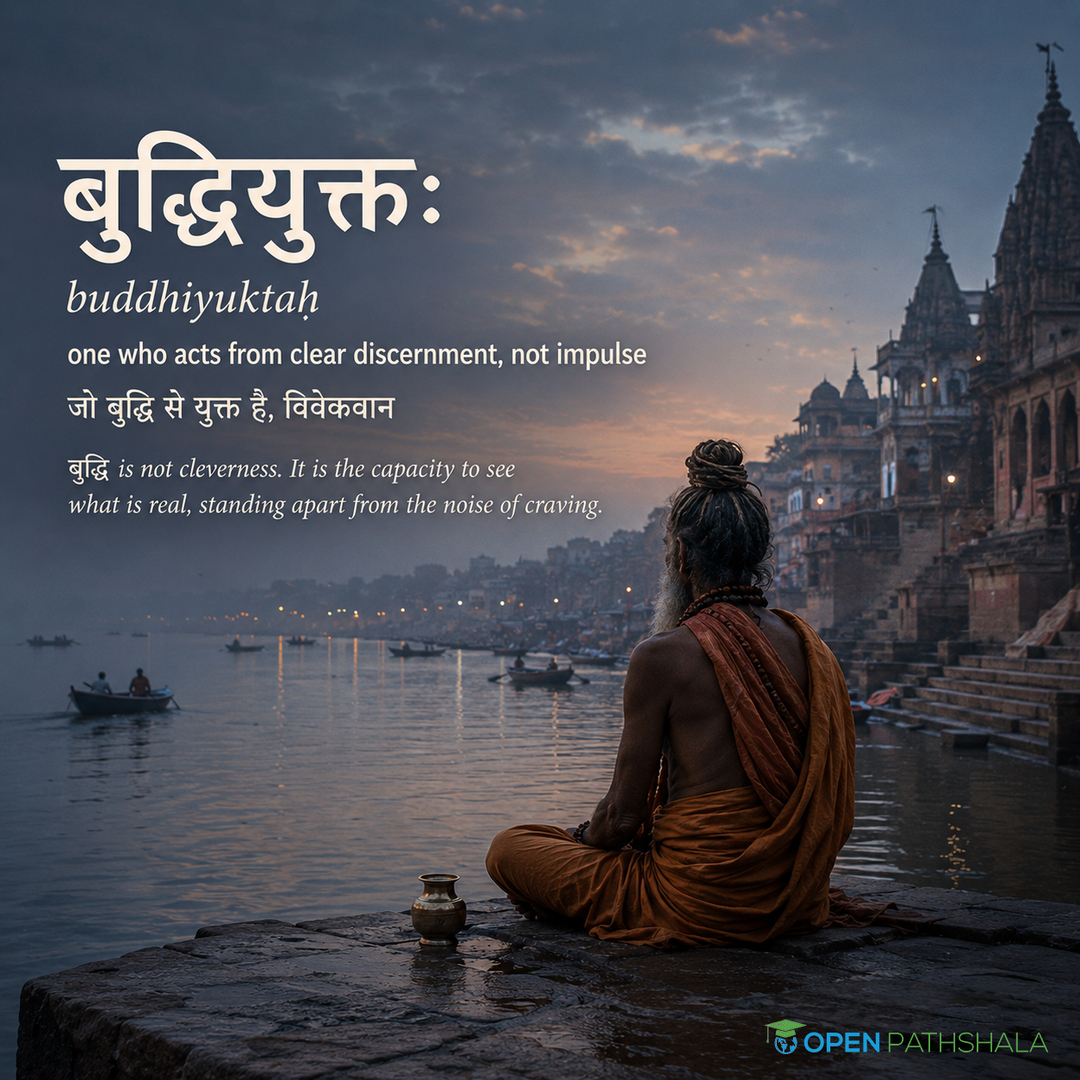 OpenPathshala's tweet photo. बुद्धियुक्तो जहातीह उभे सुकृतदुष्कृते ।
तस्माद्योगाय युज्यस्व योगः कर्मसु कौशलम् ॥

buddhiyukto jahātīha ubhe sukṛtaduṣkṛte |
tasmādyogāya yujyasva yogaḥ karmasu kauśalam ||

"One endowed with wisdom abandons both good and bad deeds in this life. Therefore devote yourself to yoga - yoga is skill in action."
- Bhagavad Gītā 2.50

जो बुद्धि से युक्त है वह यहीं पुण्य और पाप दोनों को त्याग देता है। इसलिए योग में लग जाओ - योग ही कर्मों में कुशलता है।
Most people quote "yoga is skill in action" as a nice line about doing your work well. Read slowly, the verse makes a stranger claim.

The first line doesn't say a wise person avoids bad deeds. It says they abandon both - sukṛtaduṣkṛte, good and bad together. That's the line worth sitting with. Krishna isn't describing good moral behaviour. He's describing someone who has stepped outside the entire framework of collecting merit and demerit - not because right and wrong stop mattering, but because a person acting from buddhi, true discernment, no longer acts to earn either.
तस्मात् - "therefore" - is the pivot. Krishna has just dismantled ordinary moral scorekeeping. This word tells you an argument is being built.

The second line answers what the first leaves hanging: if not scorekeeping, then what? Yogāya yujyasva - yoke yourself to yoga. Notice yujyasva and yoga share the same root, √yuj, to join. The line literally says: yoke yourself to yoking. Then comes the Gītā's most compressed definition: kauśalam - skill. Not casual competence, but the precision of handling kuśa grass, sharp enough to cut carelessness.

Together, the verse stops being advice about workplace excellence. It becomes: don't act to accumulate credit, good or bad. Act with such complete precision that scorekeeping itself falls away.

Save this 🔖 Share with someone chasing outcomes over presence.

#BhagavadGita #KarmaYoga #Sanskrit #LearnSanskrit #GitaVerse #IndianPhilosophy #VedicWisdom #OpenPathshala #SanskritShloka #SanskritLearning #Krishna #IKS #Vedanta