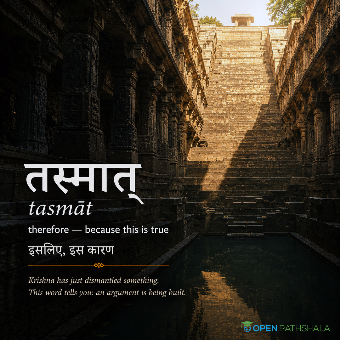OpenPathshala's tweet photo. बुद्धियुक्तो जहातीह उभे सुकृतदुष्कृते ।
तस्माद्योगाय युज्यस्व योगः कर्मसु कौशलम् ॥

buddhiyukto jahātīha ubhe sukṛtaduṣkṛte |
tasmādyogāya yujyasva yogaḥ karmasu kauśalam ||

"One endowed with wisdom abandons both good and bad deeds in this life. Therefore devote yourself to yoga - yoga is skill in action."
- Bhagavad Gītā 2.50

जो बुद्धि से युक्त है वह यहीं पुण्य और पाप दोनों को त्याग देता है। इसलिए योग में लग जाओ - योग ही कर्मों में कुशलता है।
Most people quote "yoga is skill in action" as a nice line about doing your work well. Read slowly, the verse makes a stranger claim.

The first line doesn't say a wise person avoids bad deeds. It says they abandon both - sukṛtaduṣkṛte, good and bad together. That's the line worth sitting with. Krishna isn't describing good moral behaviour. He's describing someone who has stepped outside the entire framework of collecting merit and demerit - not because right and wrong stop mattering, but because a person acting from buddhi, true discernment, no longer acts to earn either.
तस्मात् - "therefore" - is the pivot. Krishna has just dismantled ordinary moral scorekeeping. This word tells you an argument is being built.

The second line answers what the first leaves hanging: if not scorekeeping, then what? Yogāya yujyasva - yoke yourself to yoga. Notice yujyasva and yoga share the same root, √yuj, to join. The line literally says: yoke yourself to yoking. Then comes the Gītā's most compressed definition: kauśalam - skill. Not casual competence, but the precision of handling kuśa grass, sharp enough to cut carelessness.

Together, the verse stops being advice about workplace excellence. It becomes: don't act to accumulate credit, good or bad. Act with such complete precision that scorekeeping itself falls away.

Save this 🔖 Share with someone chasing outcomes over presence.

#BhagavadGita #KarmaYoga #Sanskrit #LearnSanskrit #GitaVerse #IndianPhilosophy #VedicWisdom #OpenPathshala #SanskritShloka #SanskritLearning #Krishna #IKS #Vedanta
