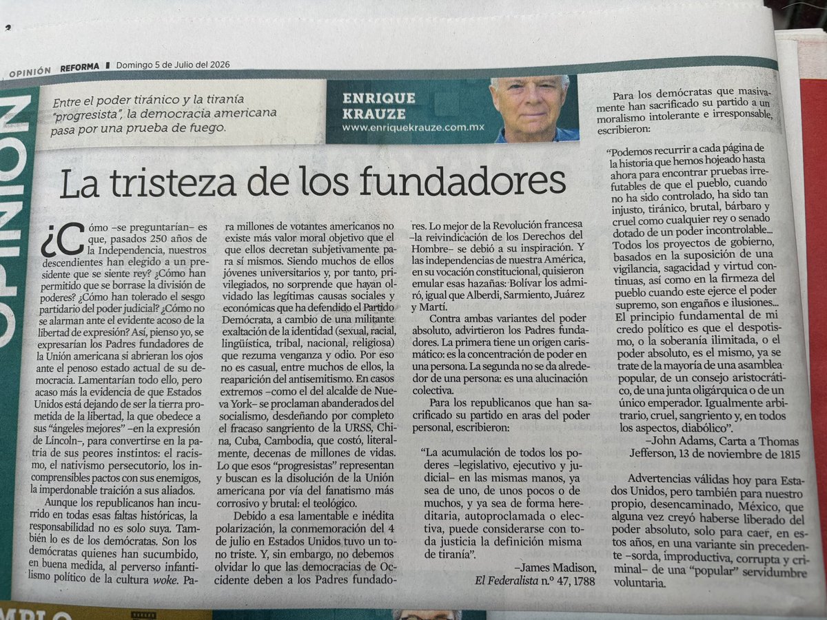 ferbelaunzaran's tweet photo. Lean a @EnriqueKrauze:

La tristeza de los fundadores

Advertencias válidas hoy para Estados Unidos, pero también para nuestro propio, desencaminado, México, que alguna vez creyó haberse liberado del poder absoluto…” https://t.co/22DipS6L2B