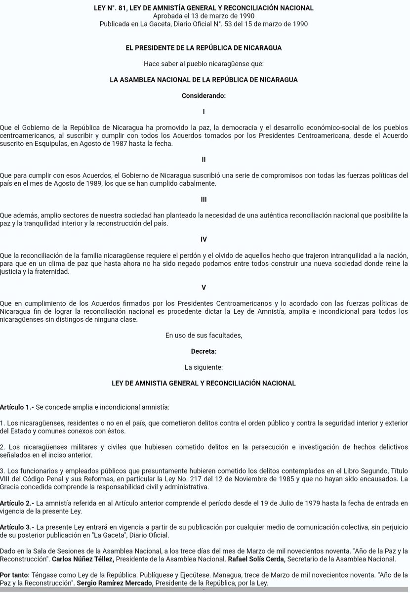 EntrelineasNoOf's tweet photo. 13 de marzo 1990

LA MUÑECONA SERGIO RAMÍREZ proclama la LEY DE AMNISTÍA GENERAL que manda al olvido TODOS LOS DELITOS, INCLUYENDO LOS COMUNES Y  MILITARES,  cometidos entre el 19 de julio 1979 a marzo 1990

Quedan olvidadas las MATANZAS, LOS ROBOS, LAS TORTURAS, LA PIÑATA https://t.co/v9mUQKG4Fz