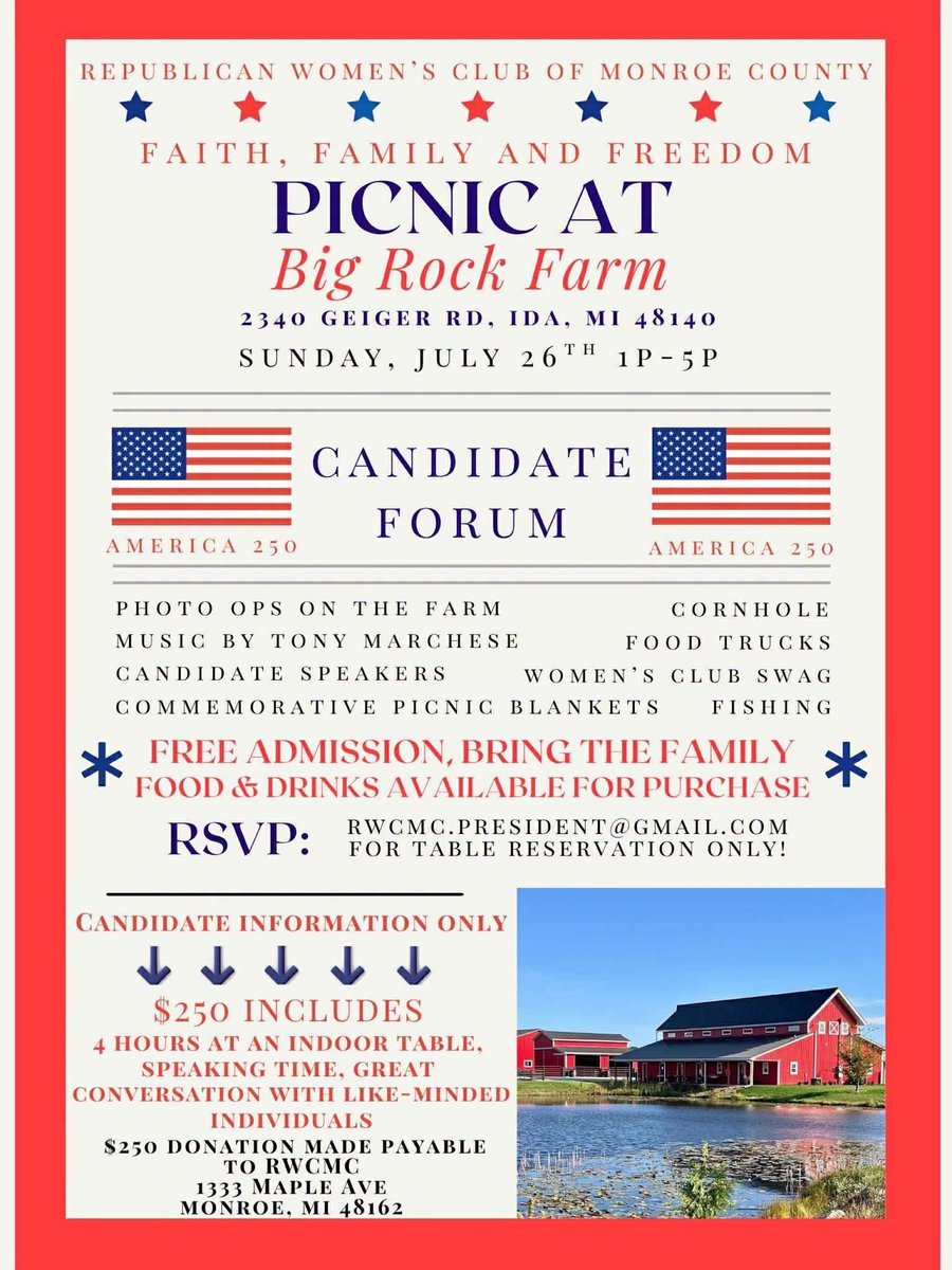 downi75's tweet photo. If you’re in Monroe County, Michigan join me at this picnic on July 26

We will hear from Republican candidates, and we will break bread

Make Politics Local Again means, if we don’t hang together, we will hang separately https://t.co/d2DpH7IrNU