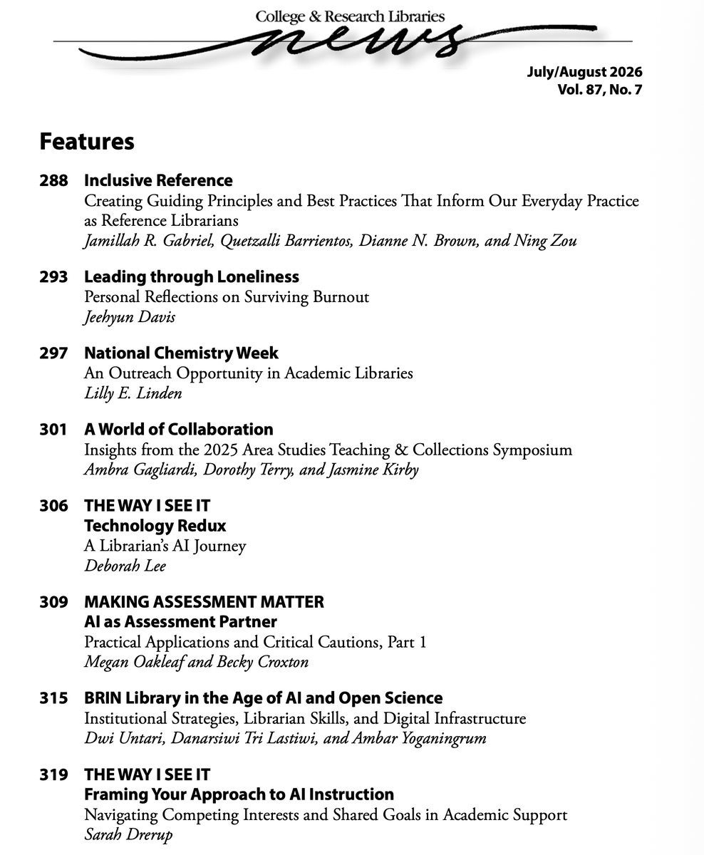 infodocket's tweet photo. A New Issue of College &amp; Research #Libraries News (C&amp;RL News; Vol 87, No 7; July/August 2026) is Now Available Online 

https://t.co/UroCgZsWye

#AI #GenAI #Assessment #OpenScience https://t.co/uUsGuElVYm