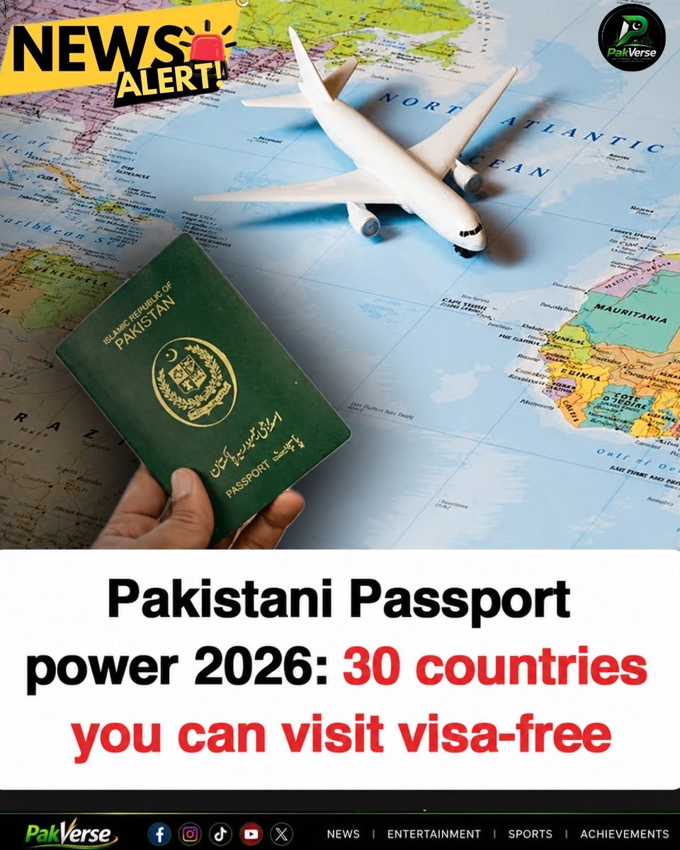 PakVerseMedia's tweet photo. 🌍✈️ Pakistani passport holders can now access 30 destinations visa-free, on-arrival, or with simplified entry — great news for travel &amp; business!

Always check latest entry rules (return tickets, hotel proof, funds) before you fly.

#PakistanPassport #VisaFreeTravel #Travel2026 https://t.co/HzFaLj1fac