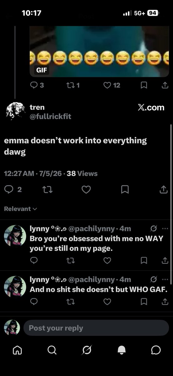 pachilynny's tweet photo. First this guy is arguing with me about everything with Liah &amp; shunning me for defending her and now he’s in my mentions bitching abt Emma players. He’s GOTTA have something better to do. https://t.co/K723NNRZxX
