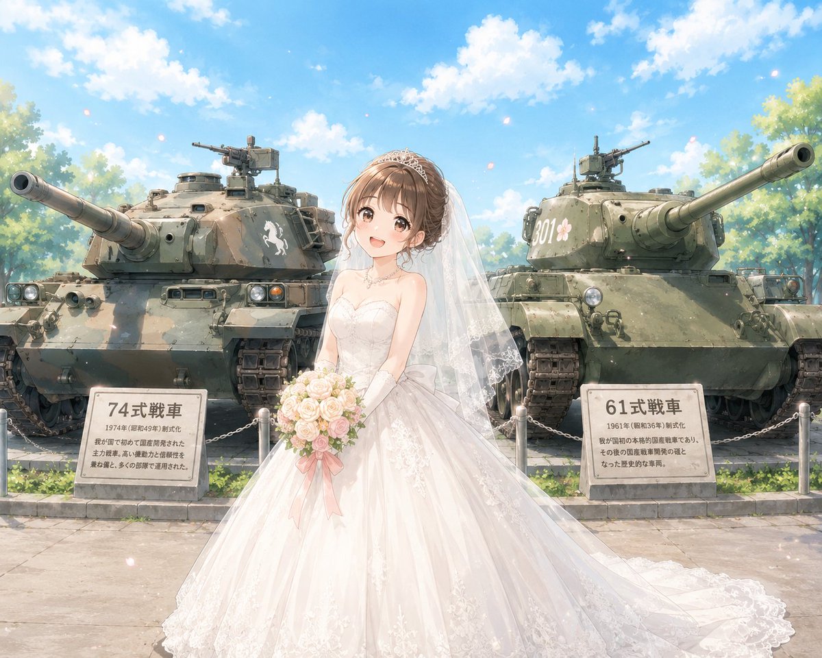 ShareWedding1's tweet photo. 地元の自衛隊駐屯地に展示されている2台の戦車。
そこでの婚礼写真の撮影許可を正式にいただきました。
こんな感じ ↓ ↓ でねーー(*'▽')

ダムだったり、恐竜だったり、戦車だったり、「目線が新婦様でなくて、男性目線だから、シェアウェディングさんのやっている事は流行らないのよ」と、言われた事がある。
はい！おっしゃる通りだと自覚しております。
でも、楽しい方がいいじゃないですか！
展示用車両と言えども、戦車の前でウェディング撮影した人なんて、今までいないでしょ！
茨城県大洗町が舞台になったアニメ・ガ〇パンもあったじゃないですか！（詳しくありませんが、、、）

担当者さんからは「最新式戦車や他の車両が希望であれば部隊に聞いてみますよ」とまでおっしゃっていただいている。
誰かいないか？と、薄ーーーい希望を持って待っています(;^ω^)