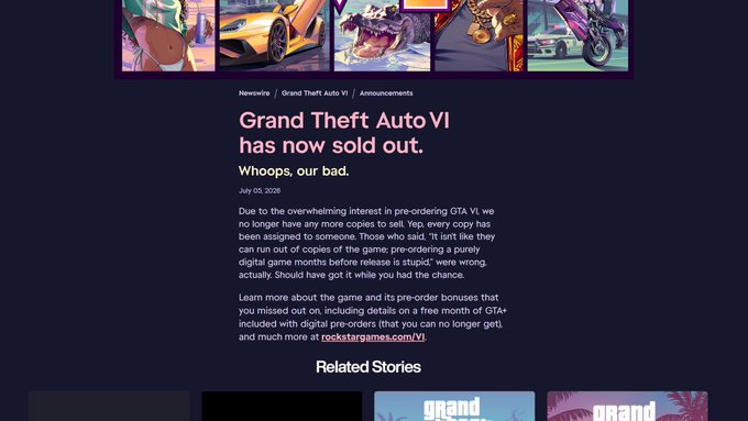 _GTAVI_'s tweet photo. 🚨Breaking 

GTA 6 just sold out!! https://t.co/X28WPAJHmH