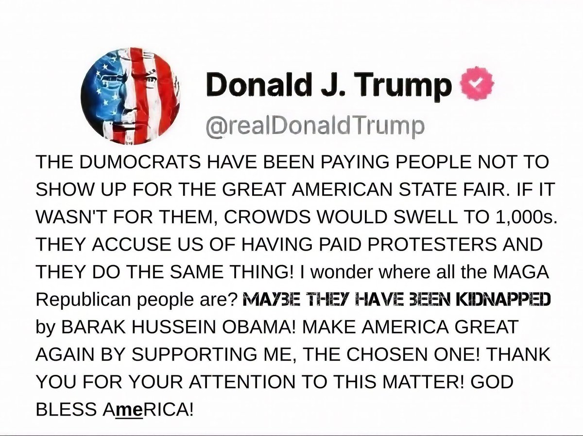 HughGStiffy's tweet photo. @MAGAVoice How bout Dementia?? Cause his post about democrats paying people to not go to his shitty fair.. the dumbest one so far https://t.co/iCDDohHCpr