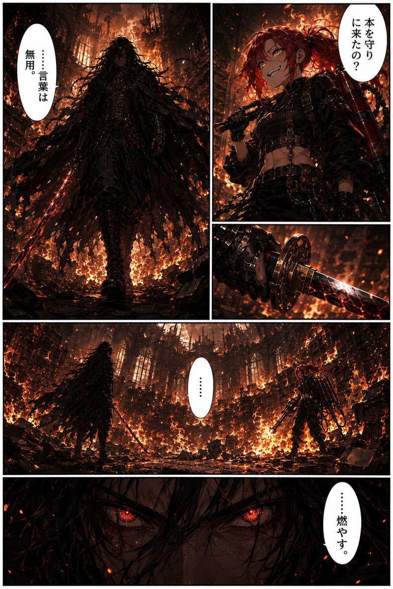 SKYRED_AI's tweet photo. 【魔王軍【地獄の剣豪】カグツキ VS 【踏み躙る焼夷】バーナゼルル】
静寂を切り裂く、けたたましい炎の咆哮。バーナゼルルは、その黒曜石のような瞳に愉悦を宿し、眼前の巨漢を...

⬇バトル結果をチェック！
https://t.co/BNG9lLr8wS
#オリキャラバトル https://t.co/11McQm3RFW