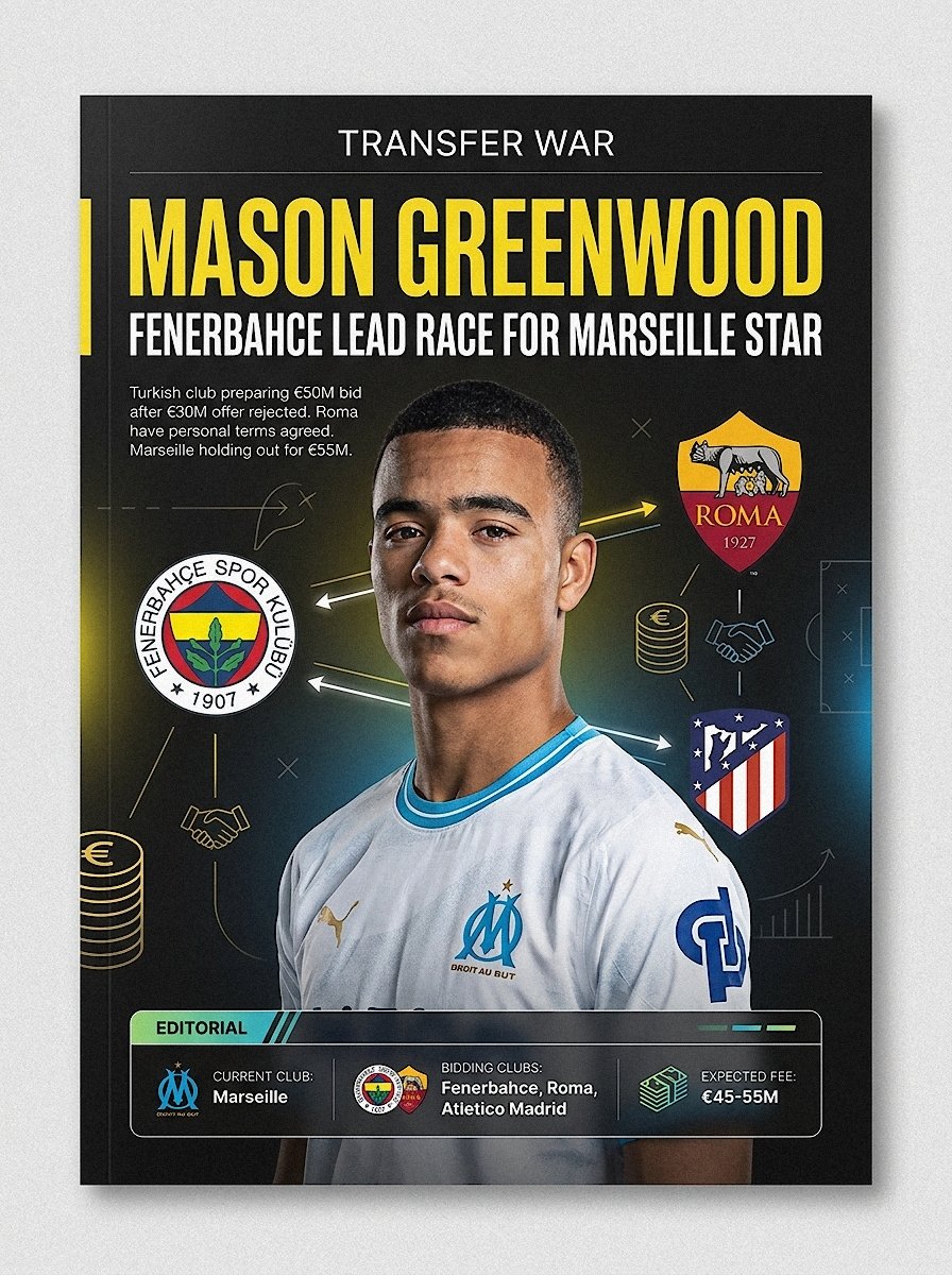 Agent_KRYS's tweet photo. 🚨 MASON GREENWOOD TO FENERBAHCE? THE TRANSFER WAR IS ON!

Fenerbahce is making a massive move to secure Marseille forward Mason Greenwood! Club director Feridun Gecgel has reportedly flown directly to France to lead face-to-face negotiations with Olympique de Marseille. 

The Turkish giants are preparing a fresh bid just under €50 million after their opening €30 million offer was knocked back.

Interestingly, Fenerbahce released a formal statement denying they have any officials negotiating in France, but top insiders insist the talks are very real.

Marseille is holding out for closer to €55 million, especially with heavy competition from Roma and Atletico Madrid trying to hijack the deal. 

Greenwood is fully expected to leave France this summer and has even handed back the keys to his house in Aix. 

Fenerbahce is currently offering the highest salary, but Roma has already agreed to personal terms with the player, making this a true summer transfer thriller.

#Fenerbahce #Marseille #MasonGreenwood #Roma #TransferNews #Mercato #FootballNews #FeridunGecgel