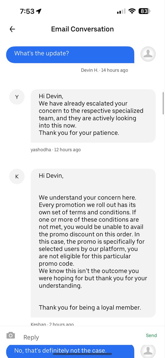 Devinhc3's tweet photo. Might wanna avoid @UberEats @Uber_SL @uber. If a restaurant fucks up your order @UberEats will not give you your money back. https://t.co/p5HmDnACdm