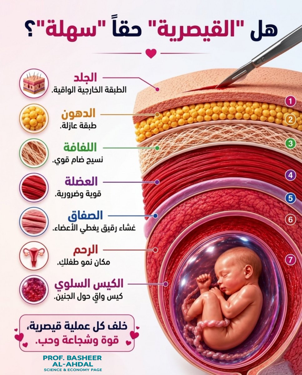 prof_basheer1's tweet photo. هل العملية القيصرية حقًا "سهلة"؟

يظن البعض أن الولادة القيصرية مجرد شق جراحي بسيط، لكن الحقيقة أنها عملية كبرى تتطلب المرور عبر عدة طبقات تشريحية قبل الوصول إلى الرحم لإخراج الجنين بأمان. 

تبدأ الجراحة بشق الجلد، ثم تعبر طبقة الدهون، فاللفافة التي تمنح جدار البطن قوته، ثم العضلات التي غالبًا ما تُباعد أكثر مما تُقطع، يليها الصِّفاق، ثم جدار الرحم، وأخيرًا الكيس الأمنيوسي الذي يحتضن الجنين.

ورغم أن التقنيات الجراحية الحديثة جعلت العملية أكثر أمانًا، فإنها تظل تدخلًا جراحيًا يحتاج إلى تخدير، ودقة عالية، وفترة تعافٍ أطول مقارنة بالولادة الطبيعية في معظم الحالات. لذلك تُجرى الولادة القيصرية عندما تكون الخيار الأكثر أمانًا للأم أو للجنين، وليس لأنها الطريق الأسهل.

خلف كل عملية قيصرية فريق طبي محترف، وأم تتحلى بالشجاعة والصبر، ورحلة تستحق كل التقدير.

المصدر: منظمة الصحة العالمية (WHO) – القيصرية والولادة الآمنة⁠.
#الولادة_القيصرية #صحة_الأم
 #التوعية_الطبية #طب